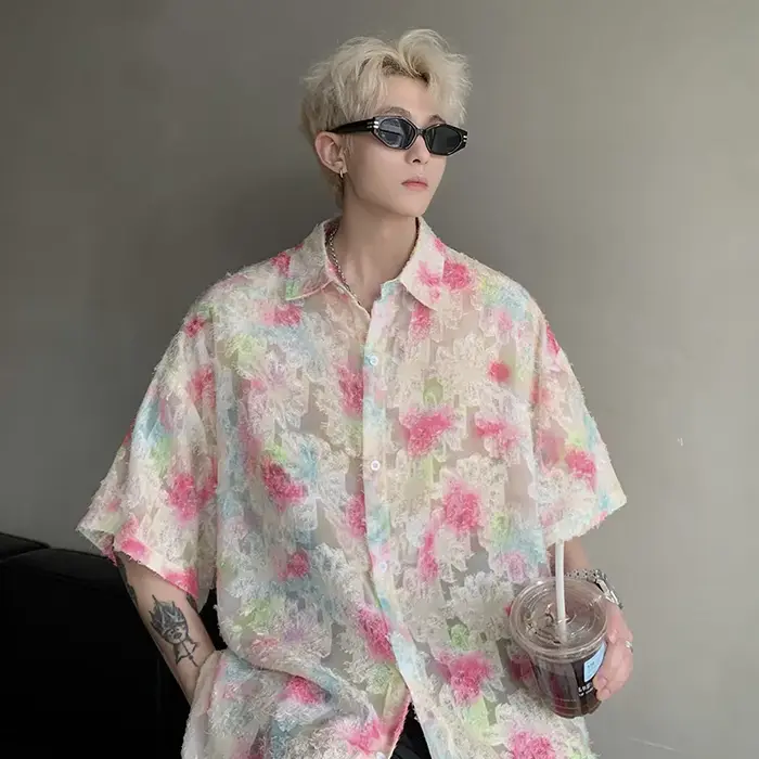 Chemises florales transparentes pour hommes, beau streetwear d'été fin, chemise adt décontractée, vê