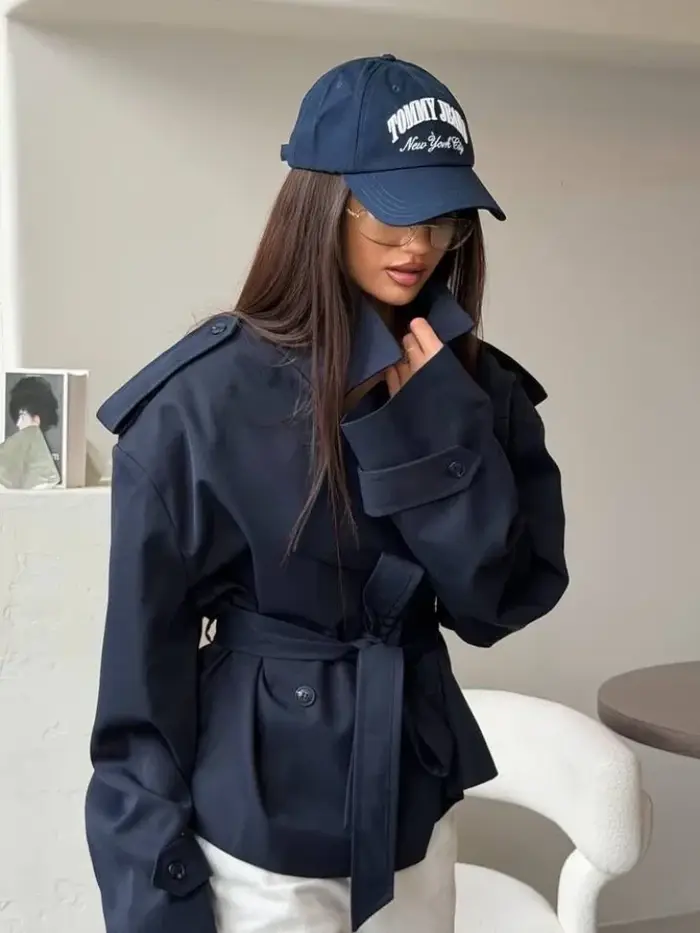 Dame couleur unie à lacets veste élégant Chic à manches longues revers bouton manteau ample automne 