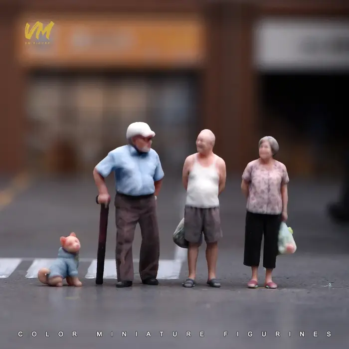 Figurines en 3D de couple âgé achetant des courses et homme promenant ses chiens pour décorations et collections à l'échelle 1/64 1/43 1/24 1/18