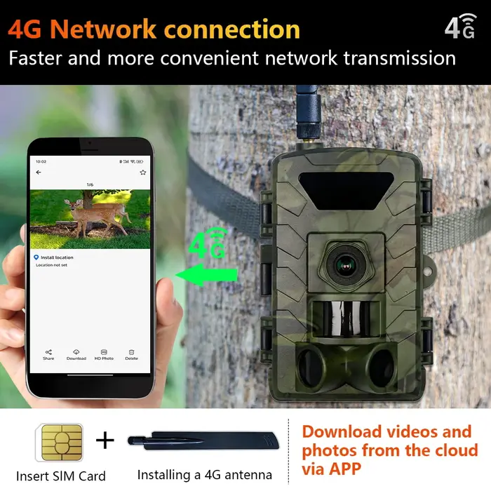 Caméra de chasse et de suivi des sentiers 4G SIM 60MP 1296P vision nocturne pour la faune activation par mouvement pour l'extérieur