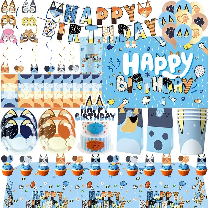 Nouveau dessin animé chiens fête d'anniversaire décoration ensemble complet Kit bleu chien joyeux anniversaire assiettes serviettes tasses vaisselle fournitures enfant faveur