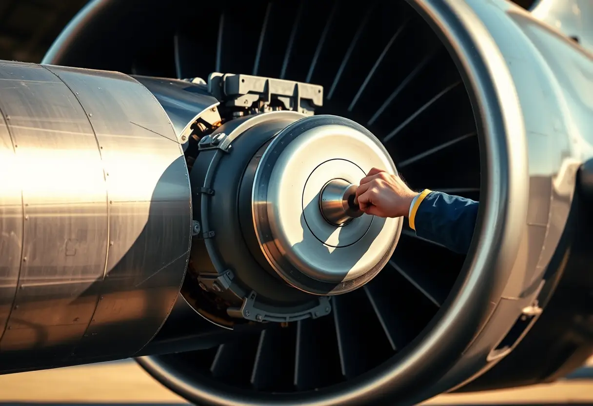 Une main ajustant un rouage sur le moteur d'un avion de chasse