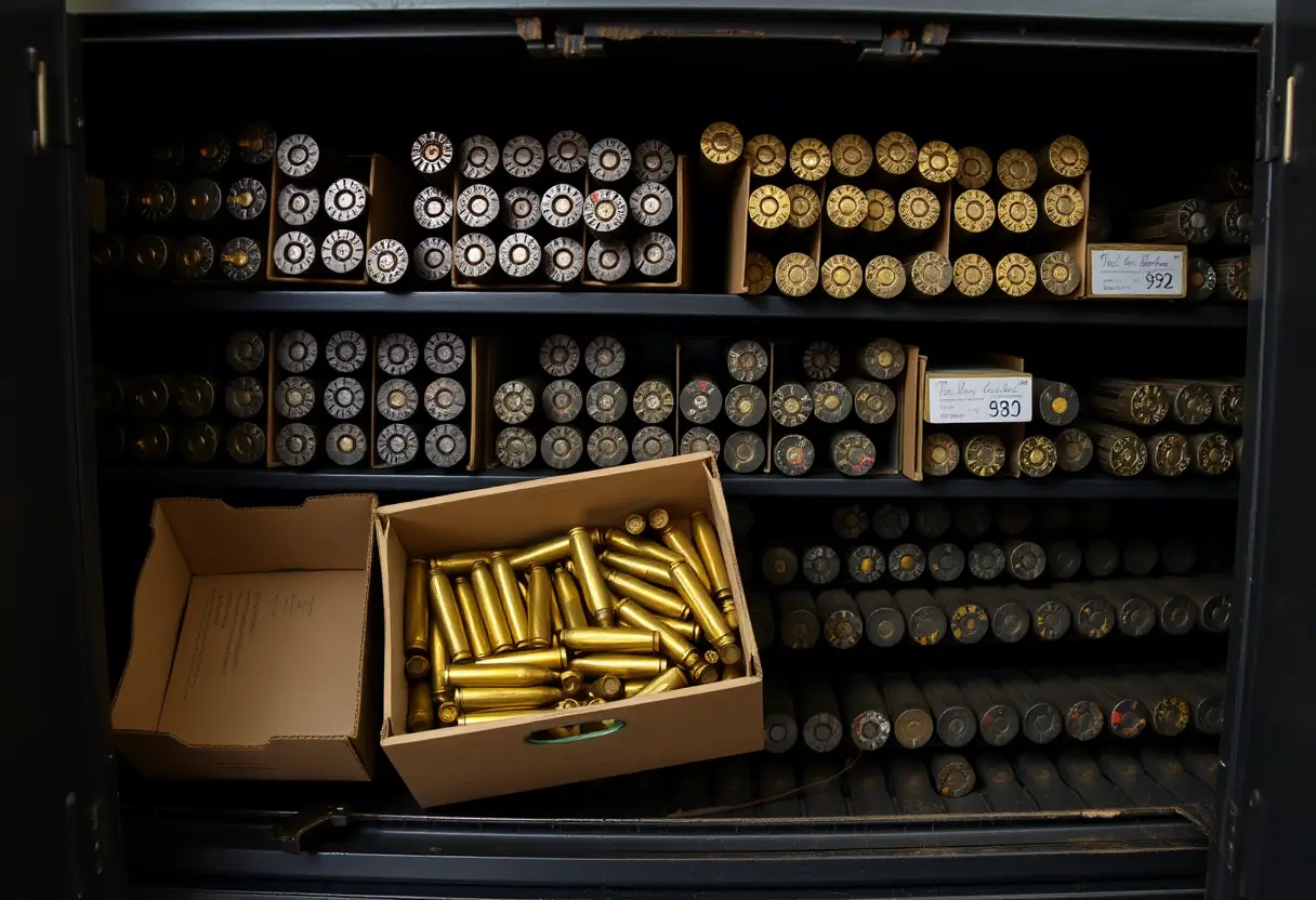 Armoire à munitions ouverte révélant des boîtes d'ammunitions rangées