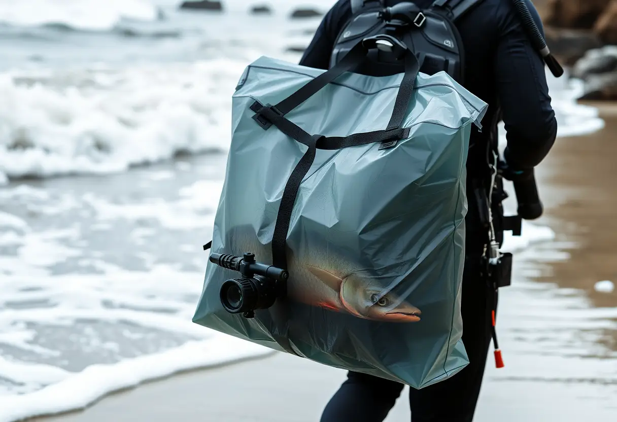 Un plongeur transporte un sac étanche à poissons avec une vanne de décompression sur un chemin de plage.