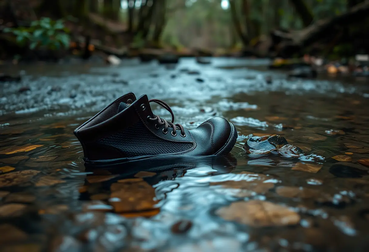 Chaussures de chasse immergées dans un ruisseau boisé