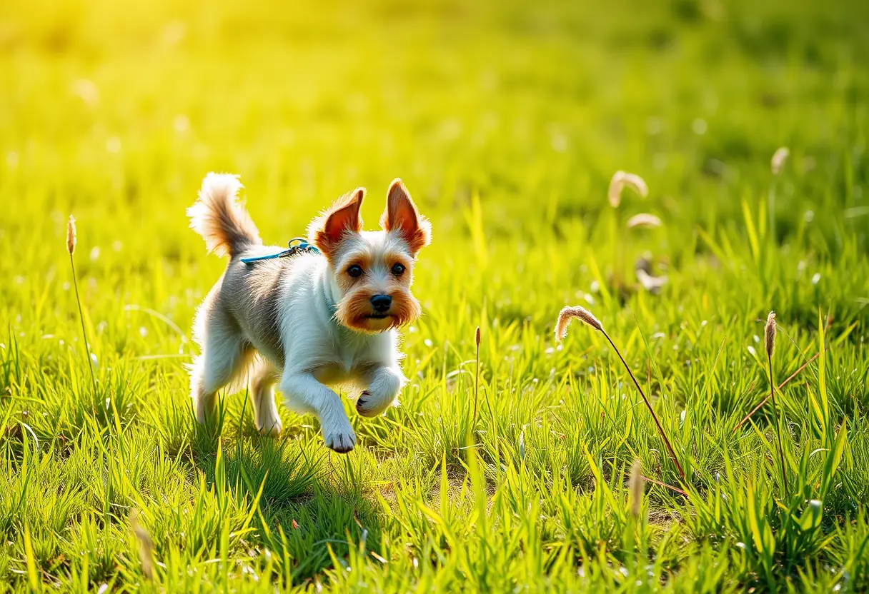 Un petit terrier courant dans une prairie sous la lumière du soleil
