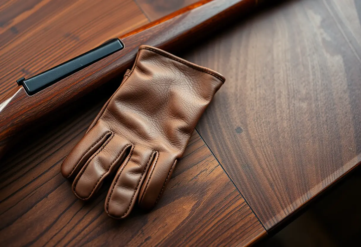 Un paire de gants en cuir usés posés sur une table près d'un manche de fusil en bois poli