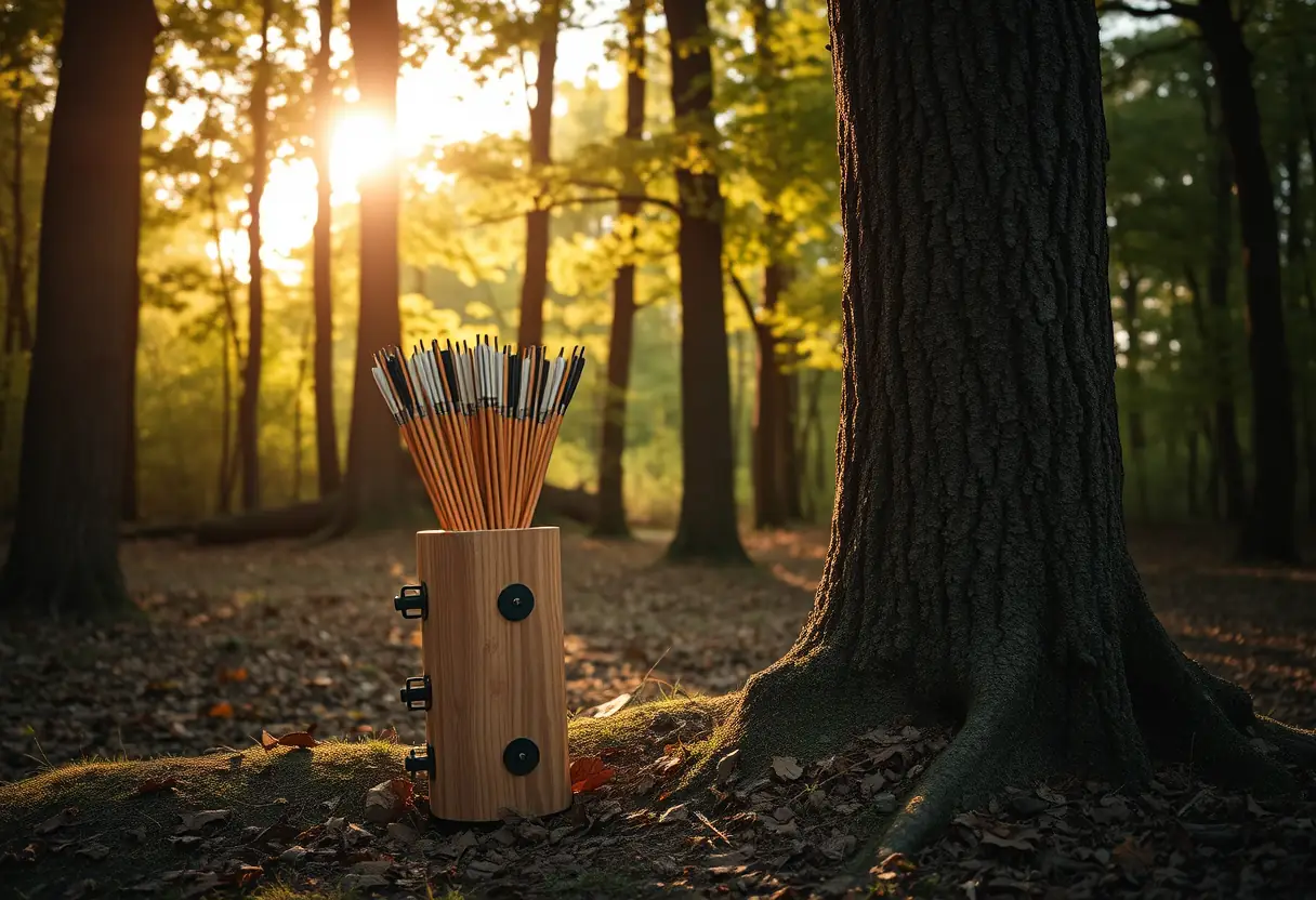 Carquois de bois contre un tronc d'arbre dans une clairière, rempli de flèches sous la lumière du soleil