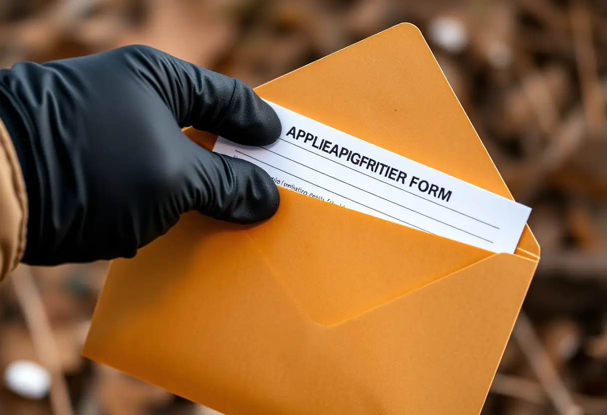 Une main gantée mettant une demande de permis de chasse dans une enveloppe brune