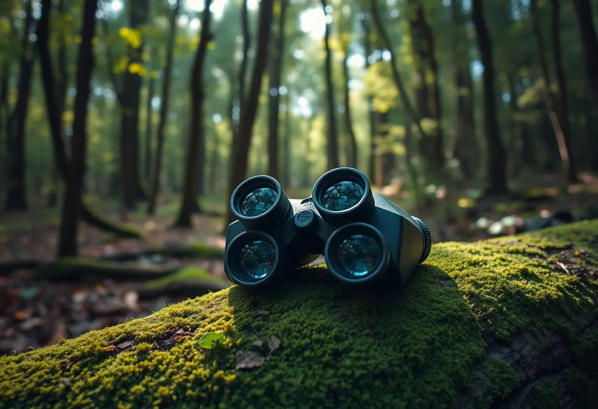 Des jumelles posées sur un tronc moussu dans une forêt dense