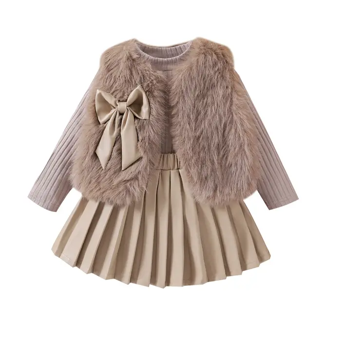 Vêtements pour enfants de 1 à 7 ans, manteau en fourrure + haut tricoté + jupe en cuir plissée, ense
