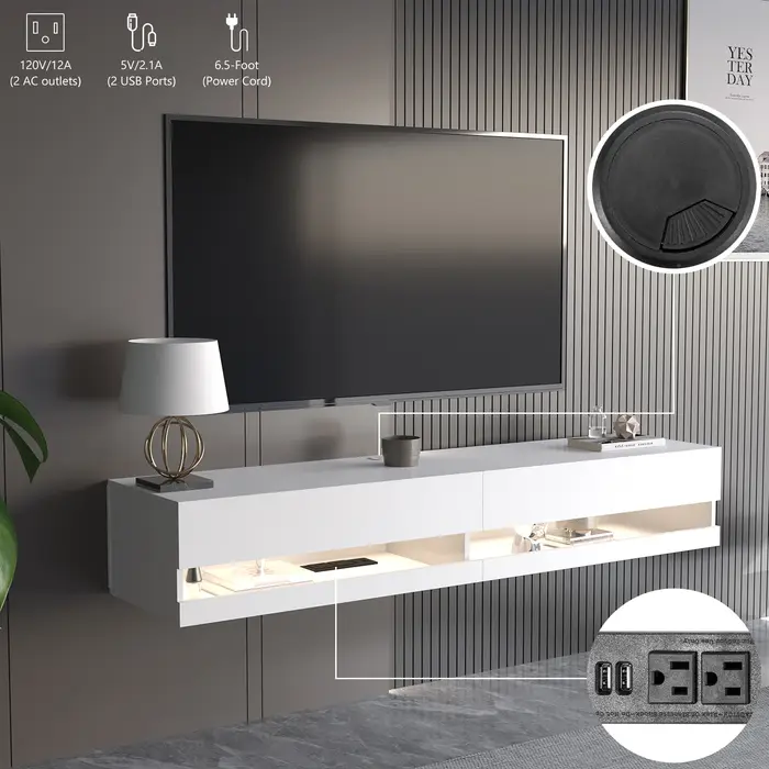 Support TV flottant pour TV 75/80 ", support TV mural LED avec prises de courant, console multimédia