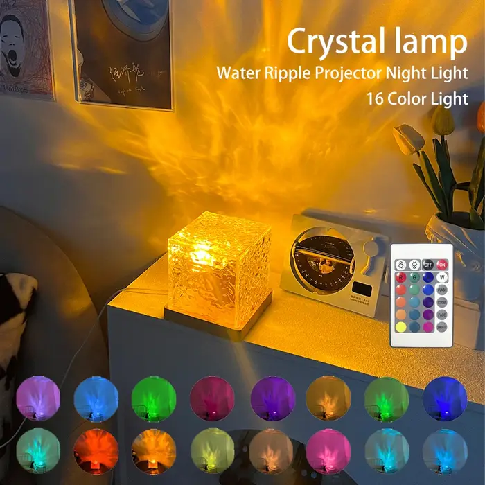 Projecteur d'ondulation d'eau rotatif dynamique, veilleuse 3/16 couleurs, lampe en cristal de flamme
