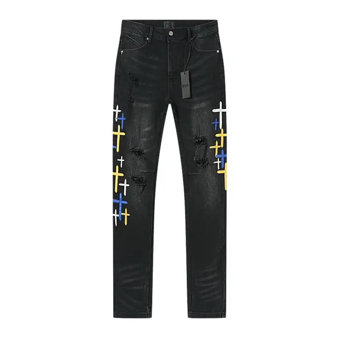 2025 nouveau trou de rayure détruit hommes haute rue coupe ajustée maigre noir clair broderie Denim 