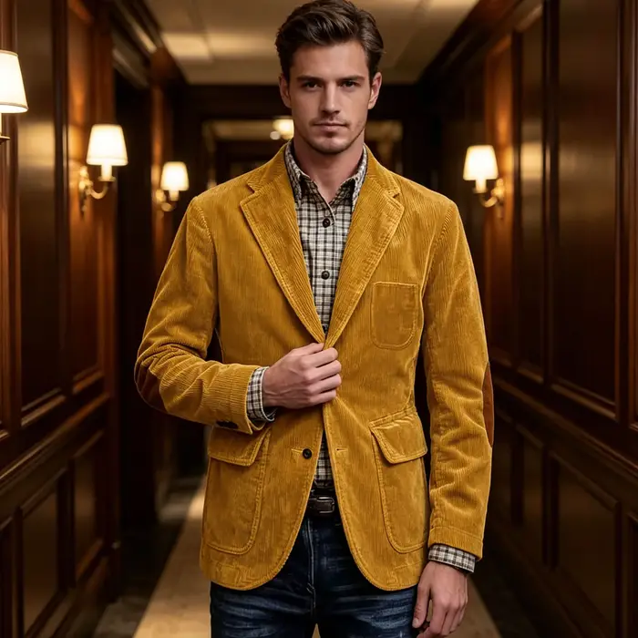 Blazer de chasse en velours côtelé marron style vintage pour homme avec patchs aux coudes et revers crantés pour mariage et événements spéciaux