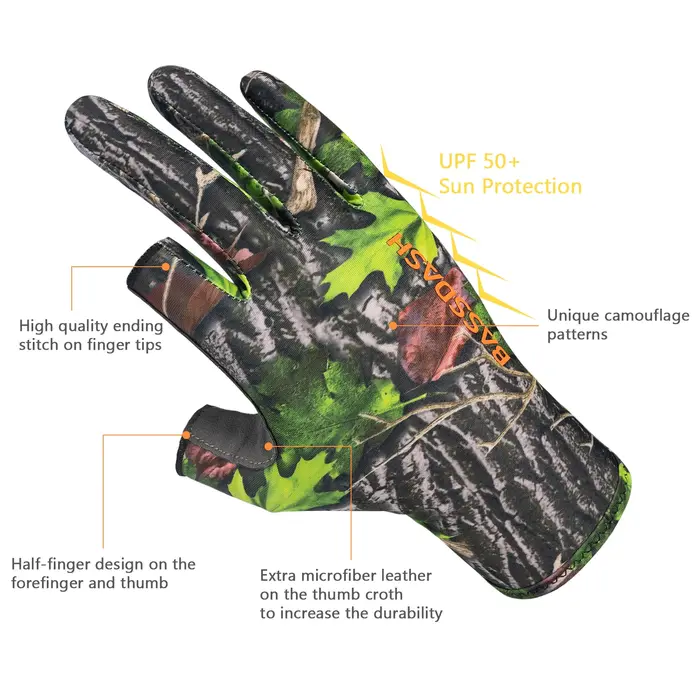 Gants camouflage sans doigts unisexes chasse pêche photo protection UV 50+ temps chaud Bassdash