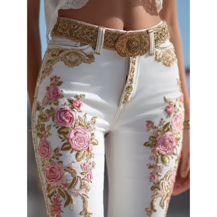 Jeans à imprimé floral de style européen américain pour femmes, pantalon en denim décontracté à jamb