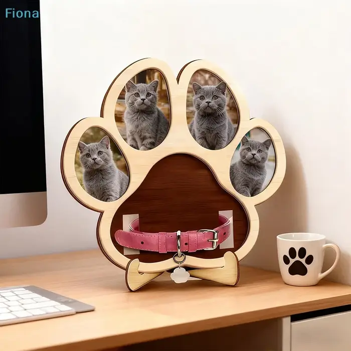 ♤ Cadre photo pour animaux de compagnie en forme de patte - Présentoir multi-photos en bois avec support pour collier pour les amoureux des chats/chiens
