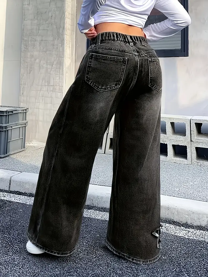 Pantalon en Denim à jambes droites pour filles, tissu délavé Y2K, motif cinq étoiles, Patchwork, pol