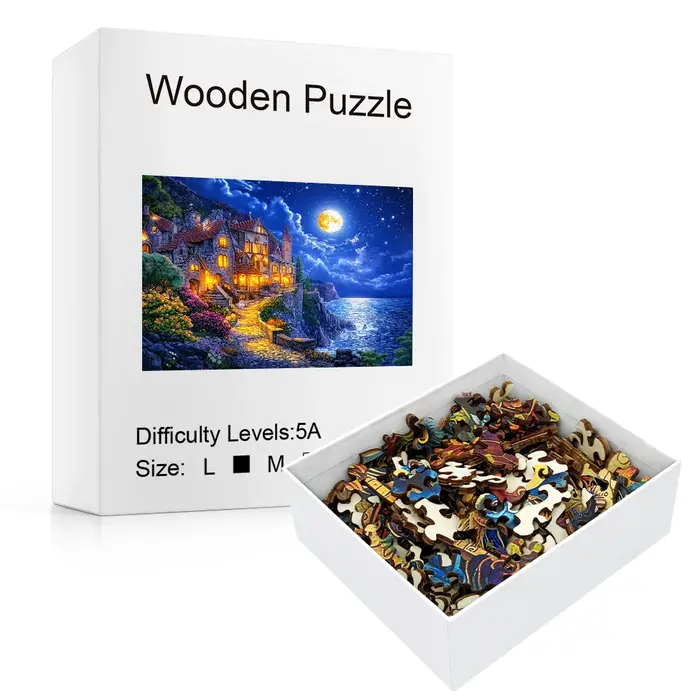 Puzzle en bois au château côtier au clair de lune avec pièces uniques en forme d'animal
