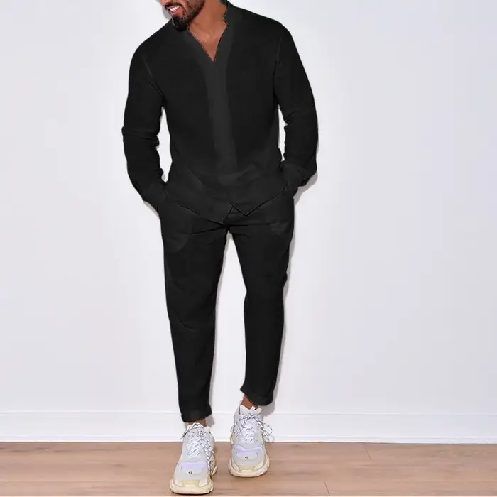 Ensemble chemise respirante à manches longues pour hommes, 100% coton, couleur unie, pantalon décont