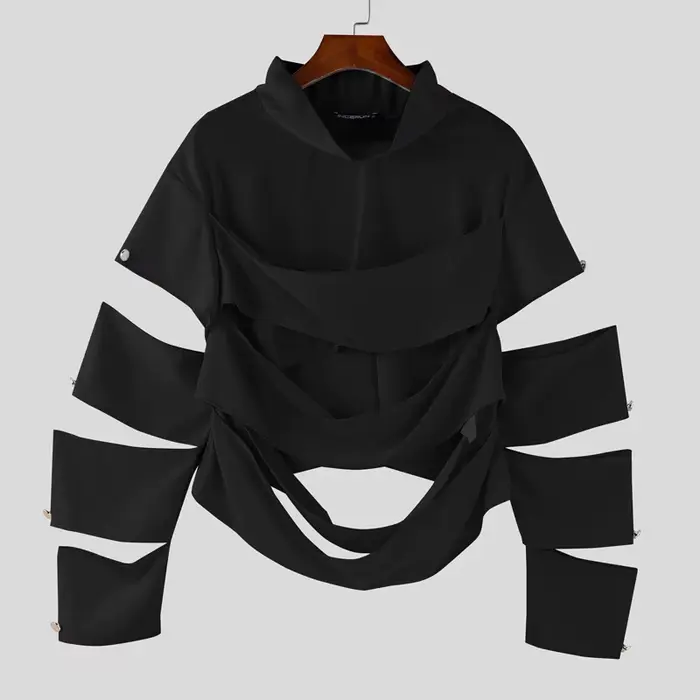 INCERUN hommes t-shirts irréguliers couleur unie col roulé à manches longues évider hommes vêtements