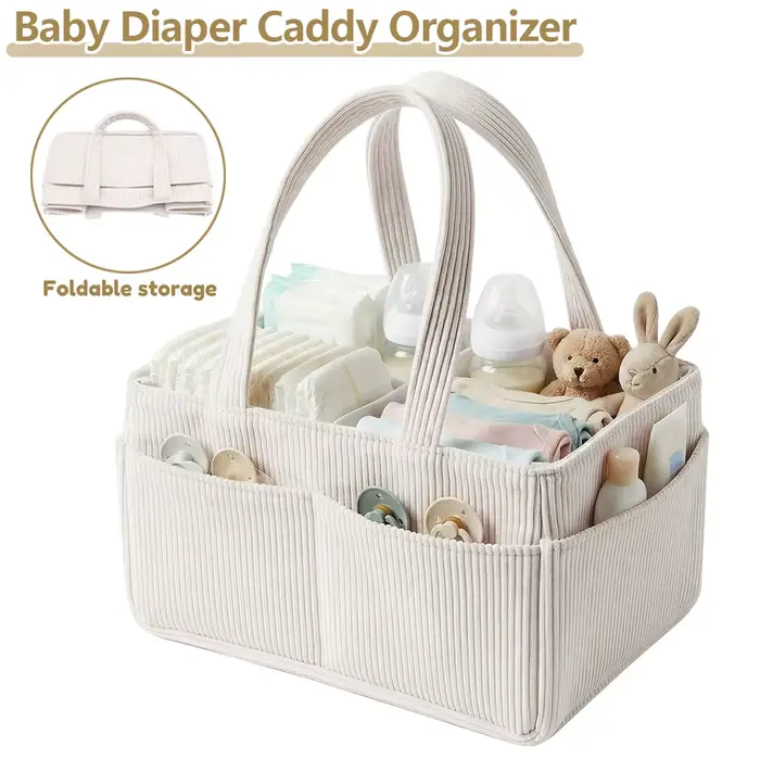 Organisateur de couches pour bébé en velours côtelé, panier de rangement pliable multi-poches avec p