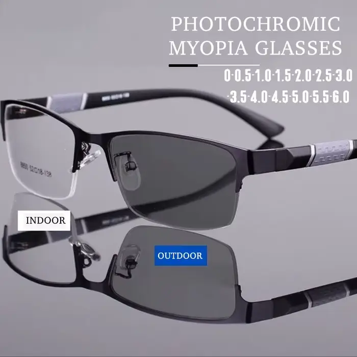 Lunettes de myopie photochromiques vintage pour hommes, demi-monture en métal, lunettes bloquant la 