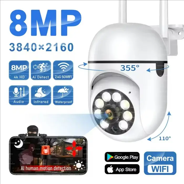 Caméra PTZ WiFi extérieur 8MP surveillance sécurité 4x zoom tracking humain AI audio bidirectionnel couleur nuit