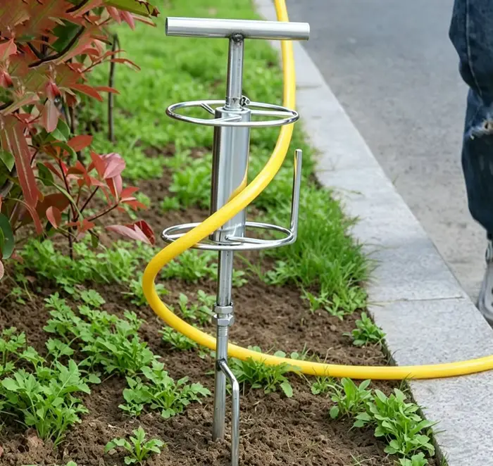 Support d'angle pour tuyau d'arrosage avec rouleau anti-torsions et nœuds