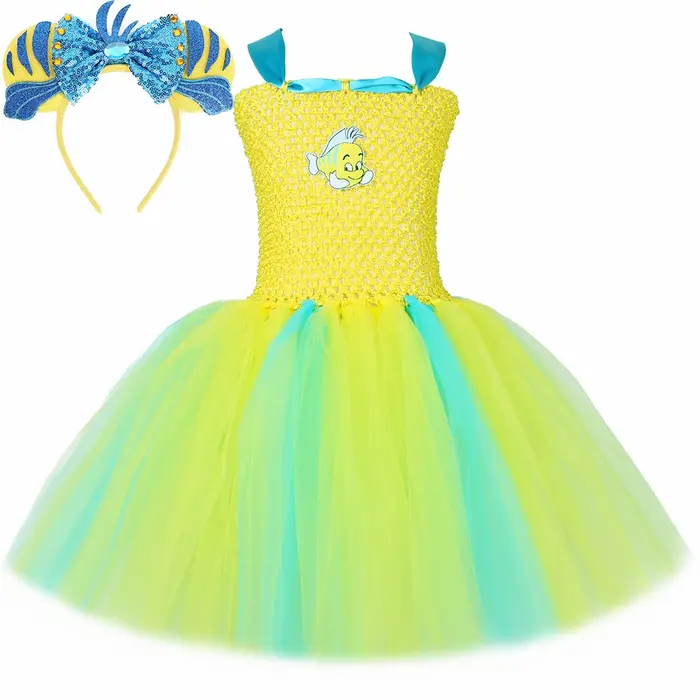 Costume de flétan pour tout-petits, petite sirène, robe tutu jaune de poisson tropical, robe de fête
