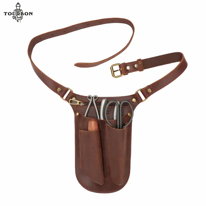 Tourbon-Sac de ceinture à outils en cuir marron réglable pour jardinier, étui de transport pour char
