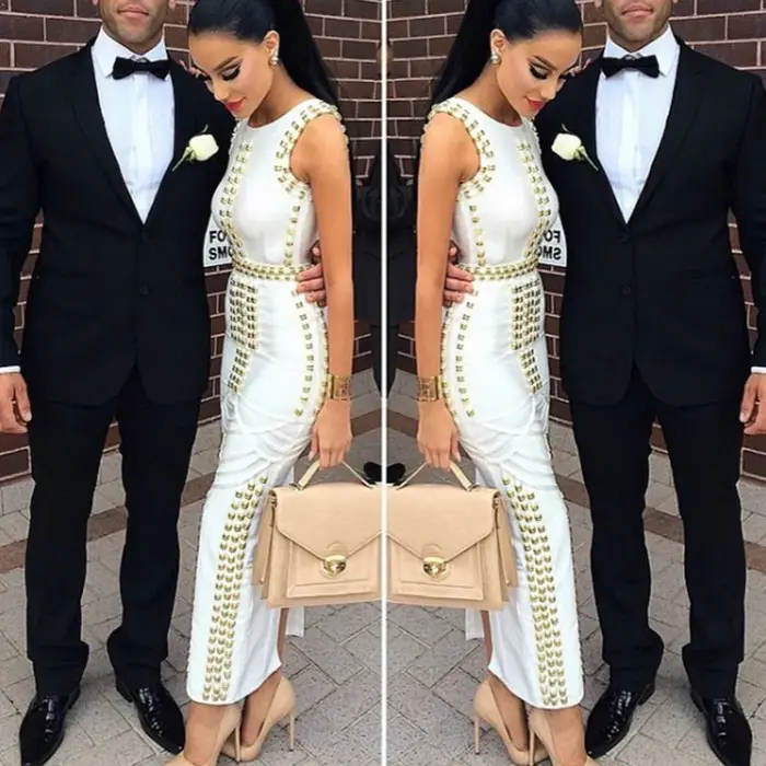 Style classique femmes sans manches col rond Sexy moulante pansement longue robe célébrité mode tapi