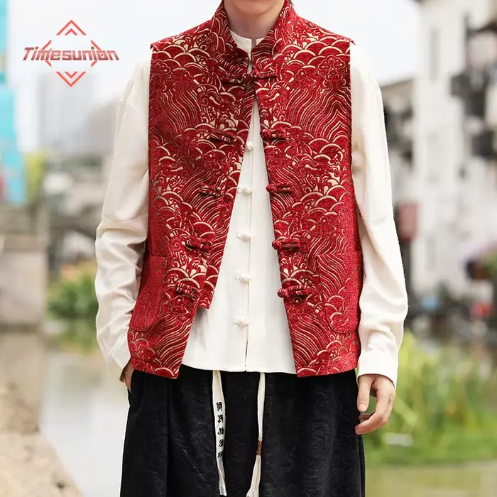 Nouveau gilet rouge chinois pour homme mode Jacquard Tang manteau vestes disque boucle vêtements traditionnels