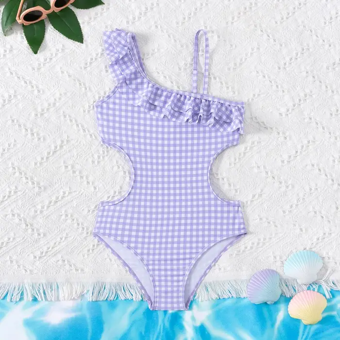 Mode épaule inclinée Plaid adolescentes une pièce maillot de bain 5-14 ans été enfants maillots de b