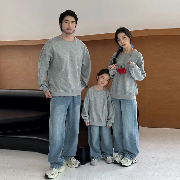 Sweat-shirt de couleur grise pour toute la famille, tenue assortie, papa, maman et fils, fille, mêmes vêtements coréens, automne