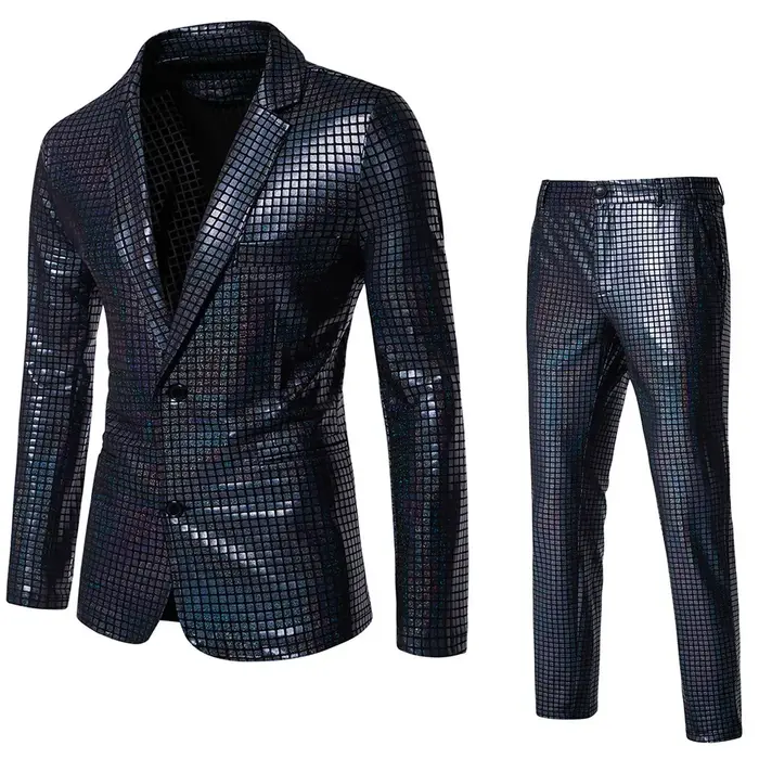 Costume de disco des années 70 pour homme, veste et pantalon à paillettes métalliques arc-en-ciel, c