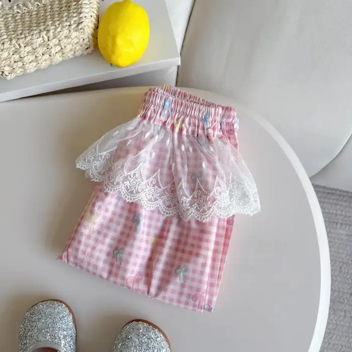 Nouvel ensemble décontracté d'été pour filles de 2 à 7 ans : pantalon lanterne à carreaux et rayures