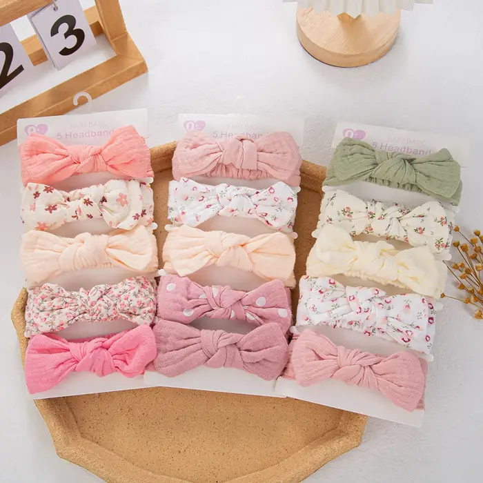 5 pièces/ensemble solide mousseline coton lin bébé bandeau élastique lapin oreille bandeau de cheveu
