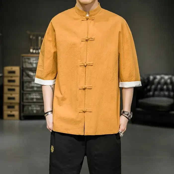 Chemise d'été de Style japonais pour hommes, col montant chinois, Yukata, Kimono samouraï, T-shirt b