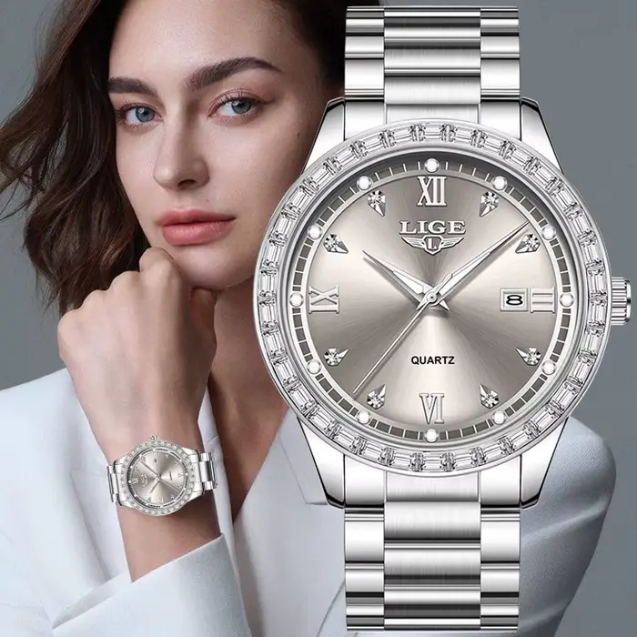 Montre femme élégante étanche acier inoxydable lumineuse quartz affaires reloj de mujer + boîte