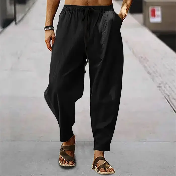 2025 hommes coton lin pantalon été et automne solide taille haute pantalon à jambes larges mâle lâch