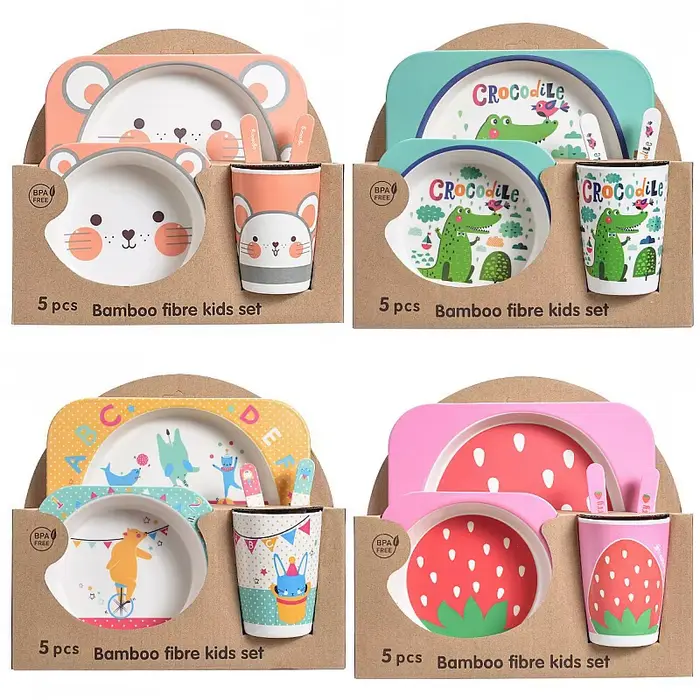 Ensemble de bols en bambou naturel pour bébé, 5 pièces, mignon, dessin animé, cadeau