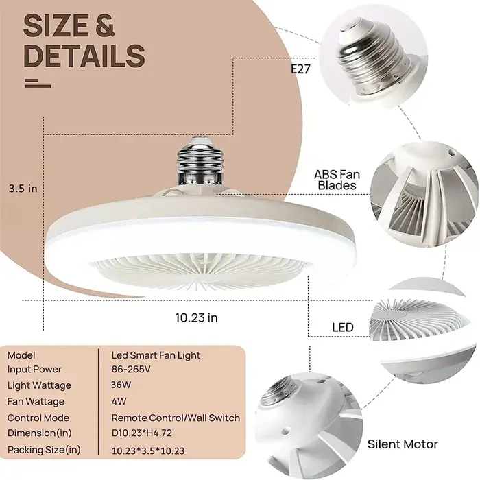 Ventilateur de plafond intelligent 3 en 1 avec télécommande, lampe d'éclairage, Base de convertisseu