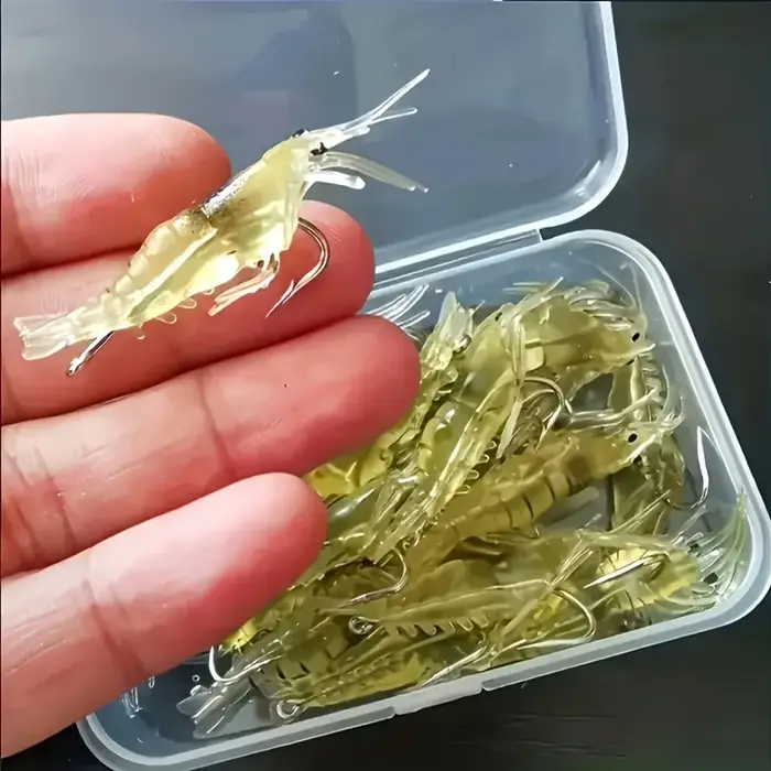 Ceci est un ensemble comprenant 10 leurres artificiels en forme de crevettes et des équipements de p