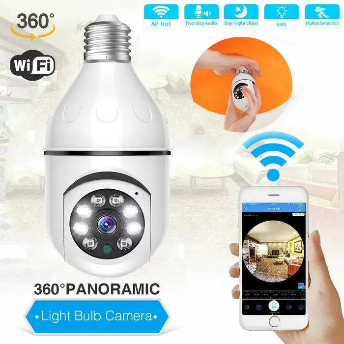 Caméra ampoule WiFi 360° vision nocturne couleur - Surveillance sécurité intérieure sans fil E27