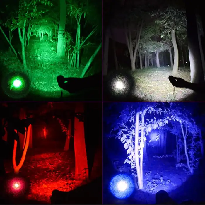 Multicolore 4 couleurs en 1 LED blanc rouge bleu vert bleu lumière 4 Modes Zoomable lampe de poche t
