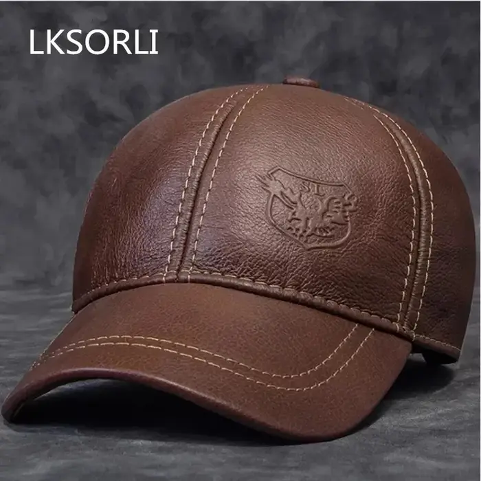 2025 mâle en cuir véritable peau de vache 56-60CM noir/marron casquettes de Baseball aigle imprimer 