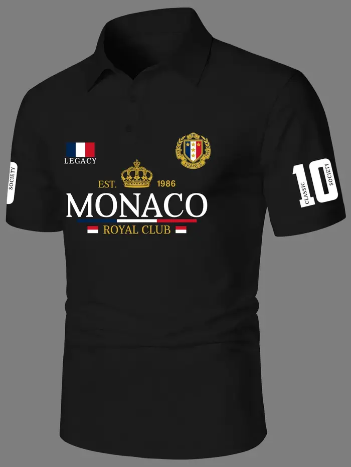Polo imprimé pour homme, motif Club Royal de Monaco de luxe, coupe ample, col à revers, haut décontr