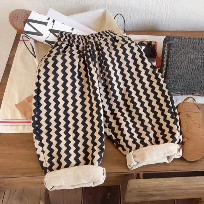Nouveau pantalon large à rayures zigzag pour enfants, taille élastique, avec poches, pour garçons et